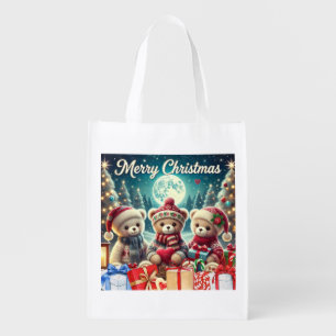 Three Cute Teddy Bears Merry Christmas Grocery Bag