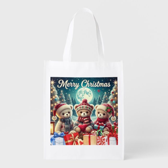 Three Cute Teddy Bears Merry Christmas Grocery Bag (Front)