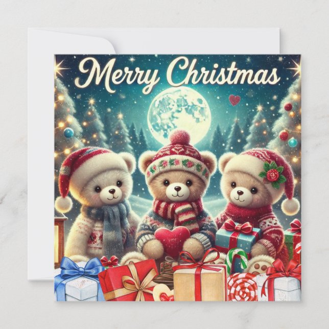 Three Cute Teddy Bears Merry Christmas Holiday Card (Front)