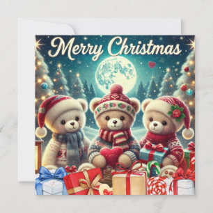 Three Cute Teddy Bears Merry Christmas Holiday Card