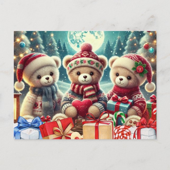 Three Cute Teddy Bears Merry Christmas Holiday Postcard (Front)