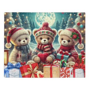 Three Cute Teddy Bears Merry Christmas Jigsaw Puzzle