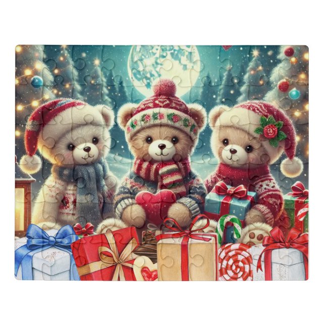 Three Cute Teddy Bears Merry Christmas Jigsaw Puzzle (Puzzle Horizontal)