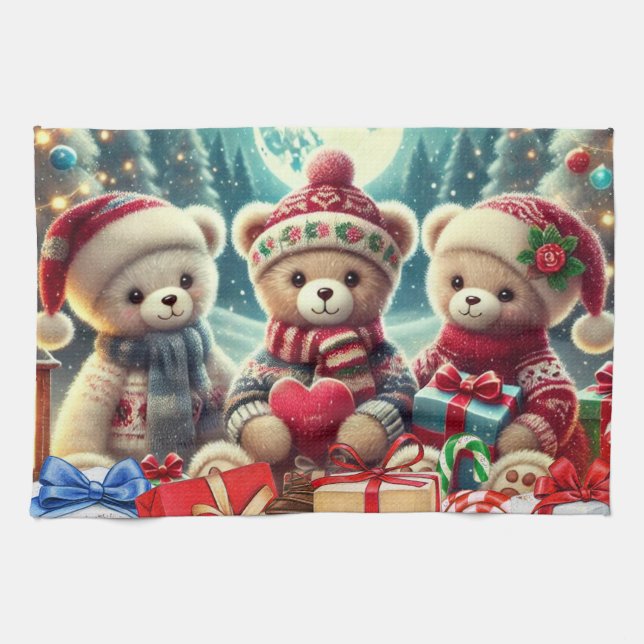 Three Cute Teddy Bears Merry Christmas Kitchen Towel (Horizontal)