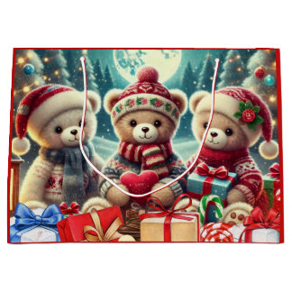 Three Cute Teddy Bears Merry Christmas Large Gift Bag