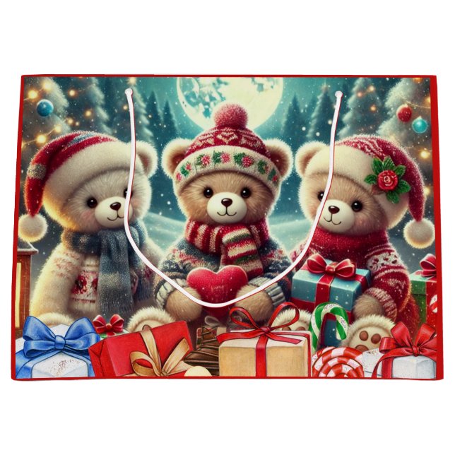 Three Cute Teddy Bears Merry Christmas Large Gift Bag (Front)