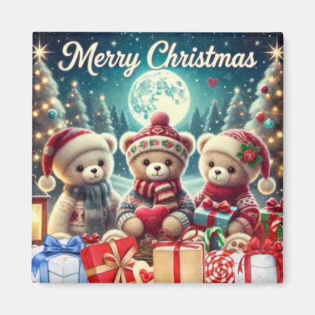 Three Cute Teddy Bears Merry Christmas Magnet (Front)