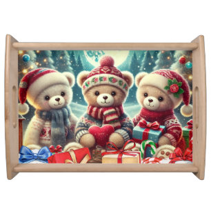 Three Cute Teddy Bears Merry Christmas Serving Tray