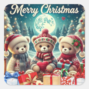 Three Cute Teddy Bears Merry Christmas Square Sticker