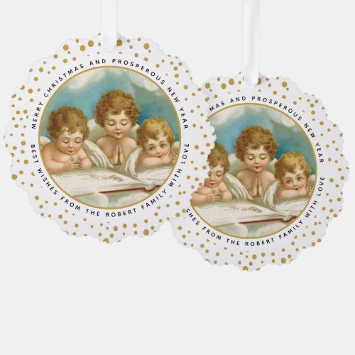 Three cute vintage angels Christmas holiday photo Ornament Card