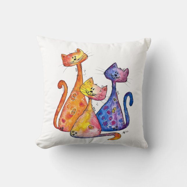 Three Cute Whimsical Cats Throw Pillow (Front)
