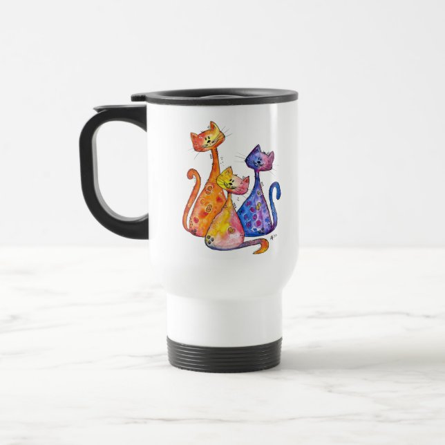 Three Cute Whimsical Cats Travel Mug (Left)