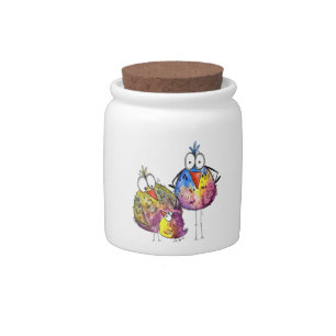 Three Cute Whimsical Colorful Birds Candy Jar
