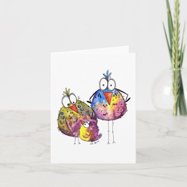 Three Cute Whimsical Colorful Birds Card (Front)
