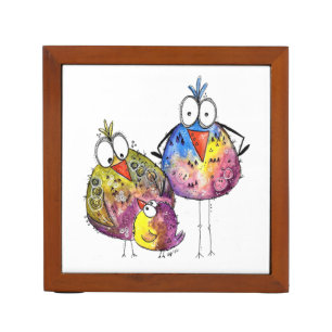 Three Cute Whimsical Colorful Birds Desk Organizer