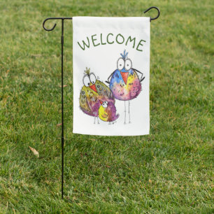 Three Cute Whimsical Colorful Birds Garden Flag