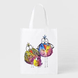 Three Cute Whimsical Colorful Birds Grocery Bag
