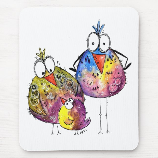 Three Cute Whimsical Colorful Birds Mouse Pad (Front)