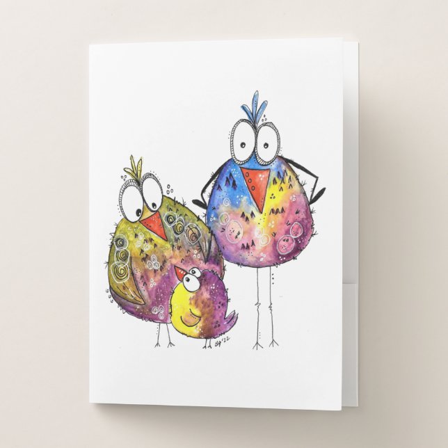 Three Cute Whimsical Colorful Birds Pocket Folder (Front)