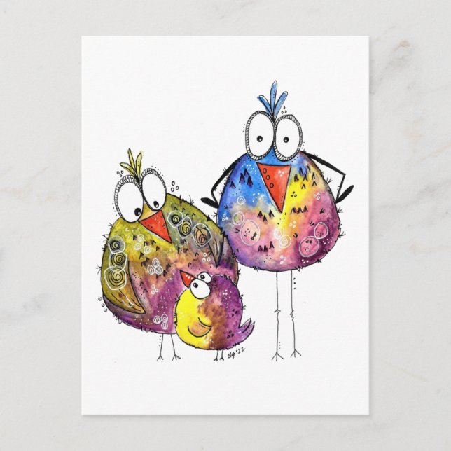 Three Cute Whimsical Colorful Birds Postcard (Front)