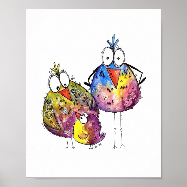 Three Cute Whimsical Colorful Birds Poster (Front)