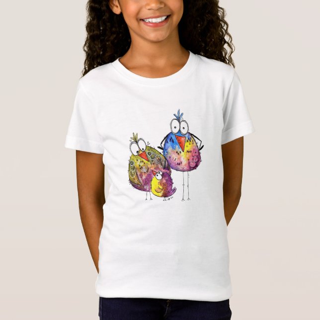Three Cute Whimsical Colorful Birds T-Shirt (Front)