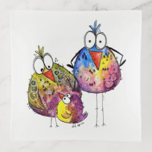 Three Cute Whimsical Colorful Birds Trinket Tray