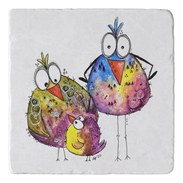 Three Cute Whimsical Colorful Birds Trivet (Front)