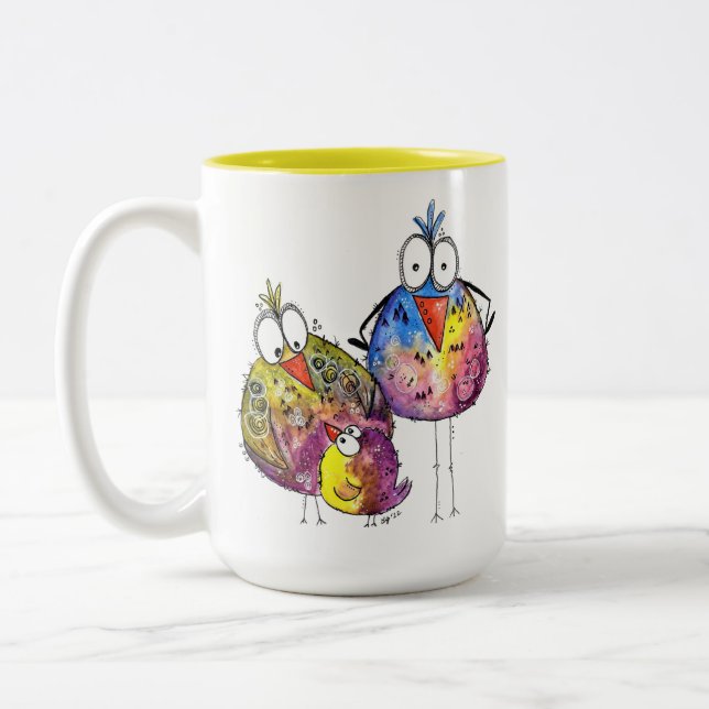 Three Cute Whimsical Colorful Birds Two-Tone Coffee Mug (Left)