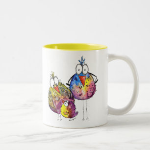 Three Cute Whimsical Colorful Birds Two-Tone Coffee Mug