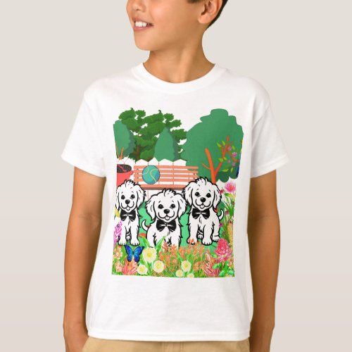 Three Cute White Puppies Outdoor Adventure In Park T_Shirt