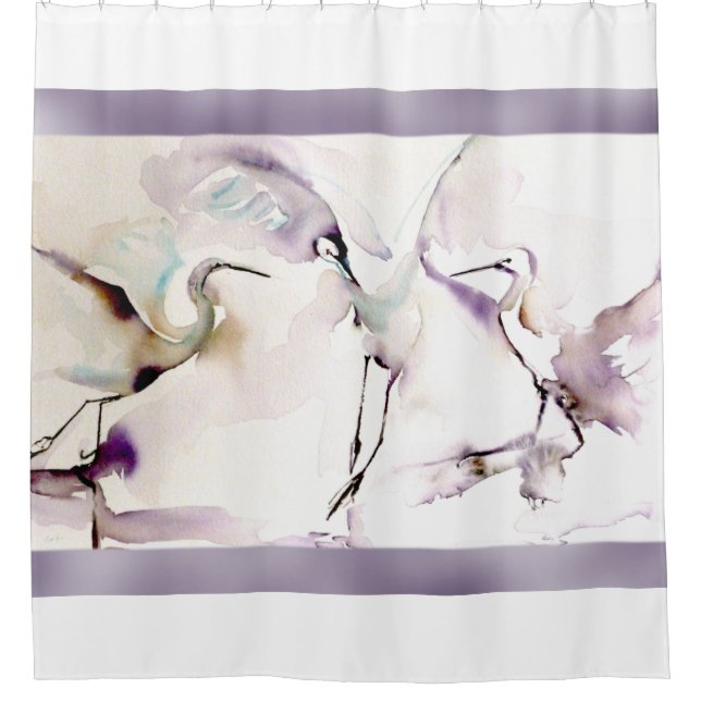 "Three Dancing Cranes" Watercolor Shower Curtain (Front)