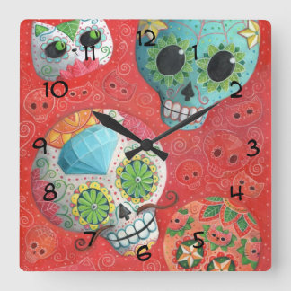 Three Day of The Dead Skulls Square Wall Clock