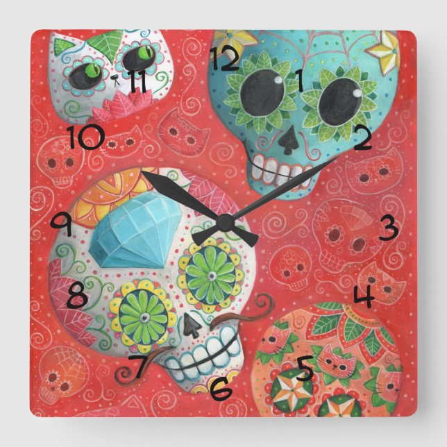 Three Day of The Dead Skulls Square Wall Clock (Front)