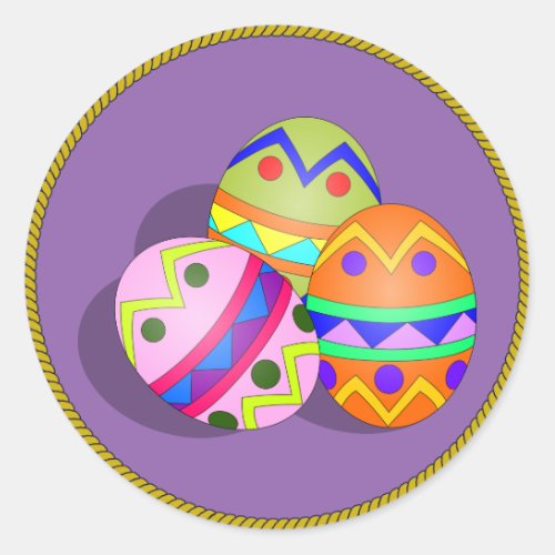 Three Decorated Easter Eggs purple background Classic Round Sticker