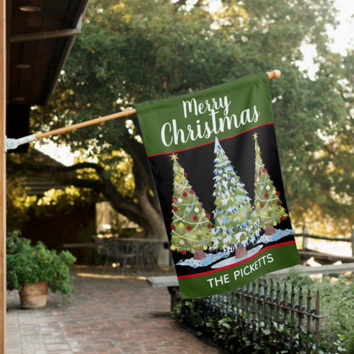 Three Decorated Trees Merry Christmas Personalized House Flag