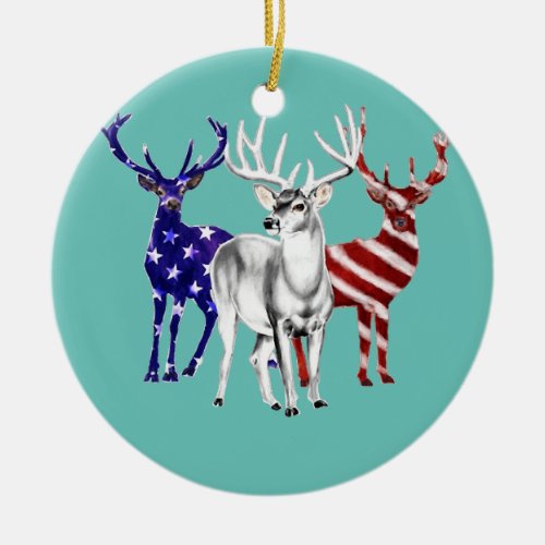 Three Deers Flag Deer Hunting US flag Ceramic Ornament