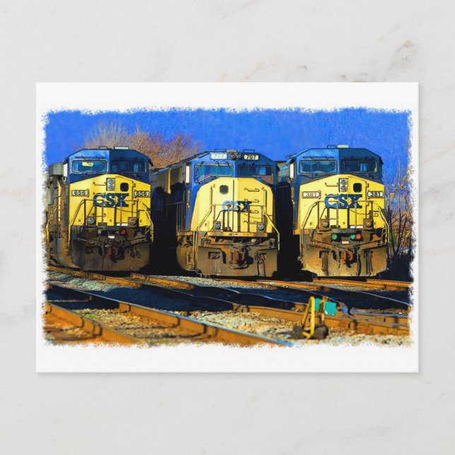 Three Diesel Locomotives Postcard (Front)