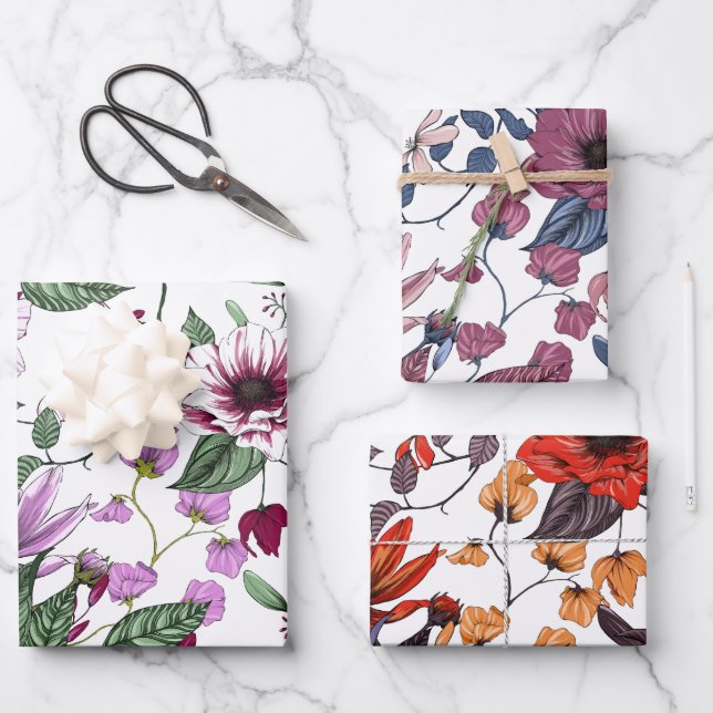 Three different color flowers pattern wrapping paper sheets (Front)