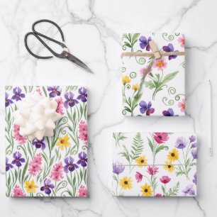 Three Different Yellow, Pink, Purple Floral Wrapping Paper Sheets