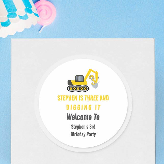 Three & Digging it Construction 3rd Birthday Party Classic Round Sticker (Creator Uploaded)