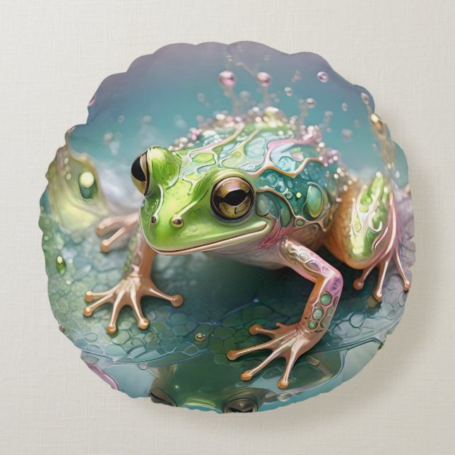 Three Dimensional Green Fractal Art Frog, Round Pillow (Front)