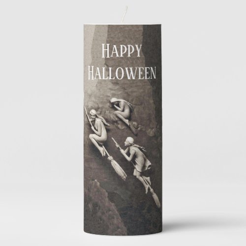 Three Dimensional Looking White Witches on Brooms Pillar Candle