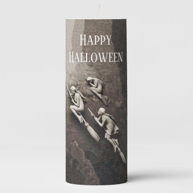 Three Dimensional Looking White Witches on Brooms Pillar Candle (Front)