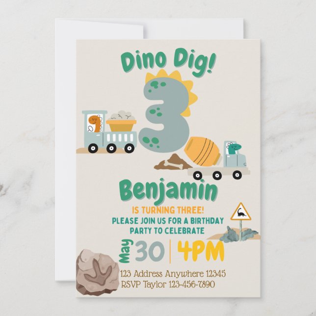 Three Dino Dig Dinosaur Construction 3rd Birthday Invitation (Front)
