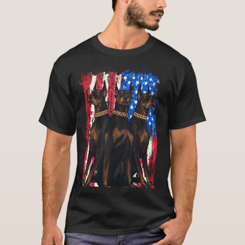 Three Dobermans American Flag patriotic Dog T_Shirt
