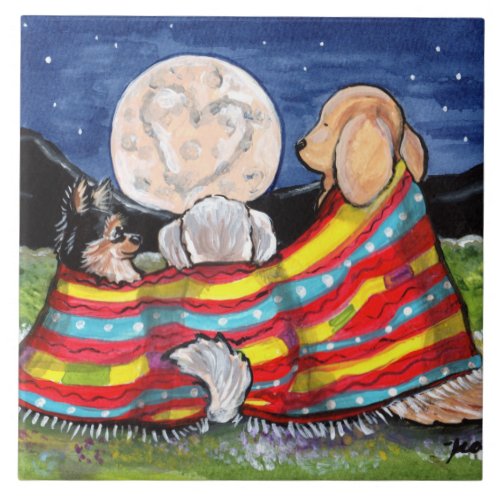 Three Dog Friends Watching Moon 6 Tile Trivet