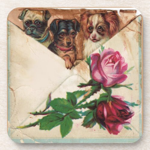 THREE DOGGIES AND ROSES DRINK COASTER