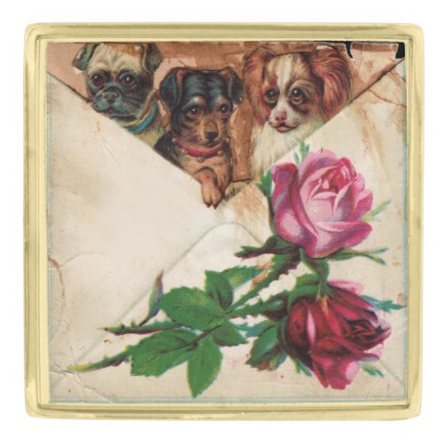 THREE DOGGIES AND ROSES GOLD FINISH LAPEL PIN