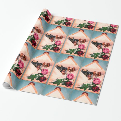 THREE DOGGIES ENVELOPES WITH ROSES WRAPPING PAPER